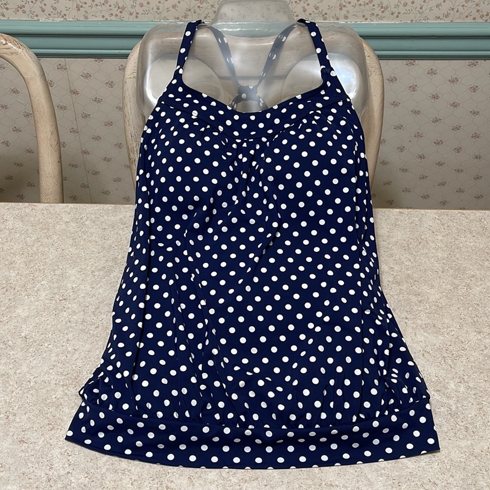 LANDS’ END BLOUSON TANKINI SWIM TOP IN NAVY BLUE WITH WHITE POLKA DOTS